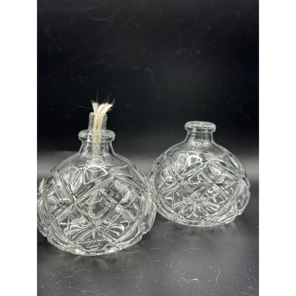 Vintage Clear Pressed Glass Round Oil Lamp Set Diamond Point Starburst Pattern
